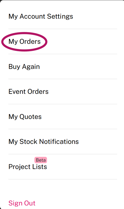 Chamfr account menu with the My Quotes option listed between Event Orders and My Stock Notifications.